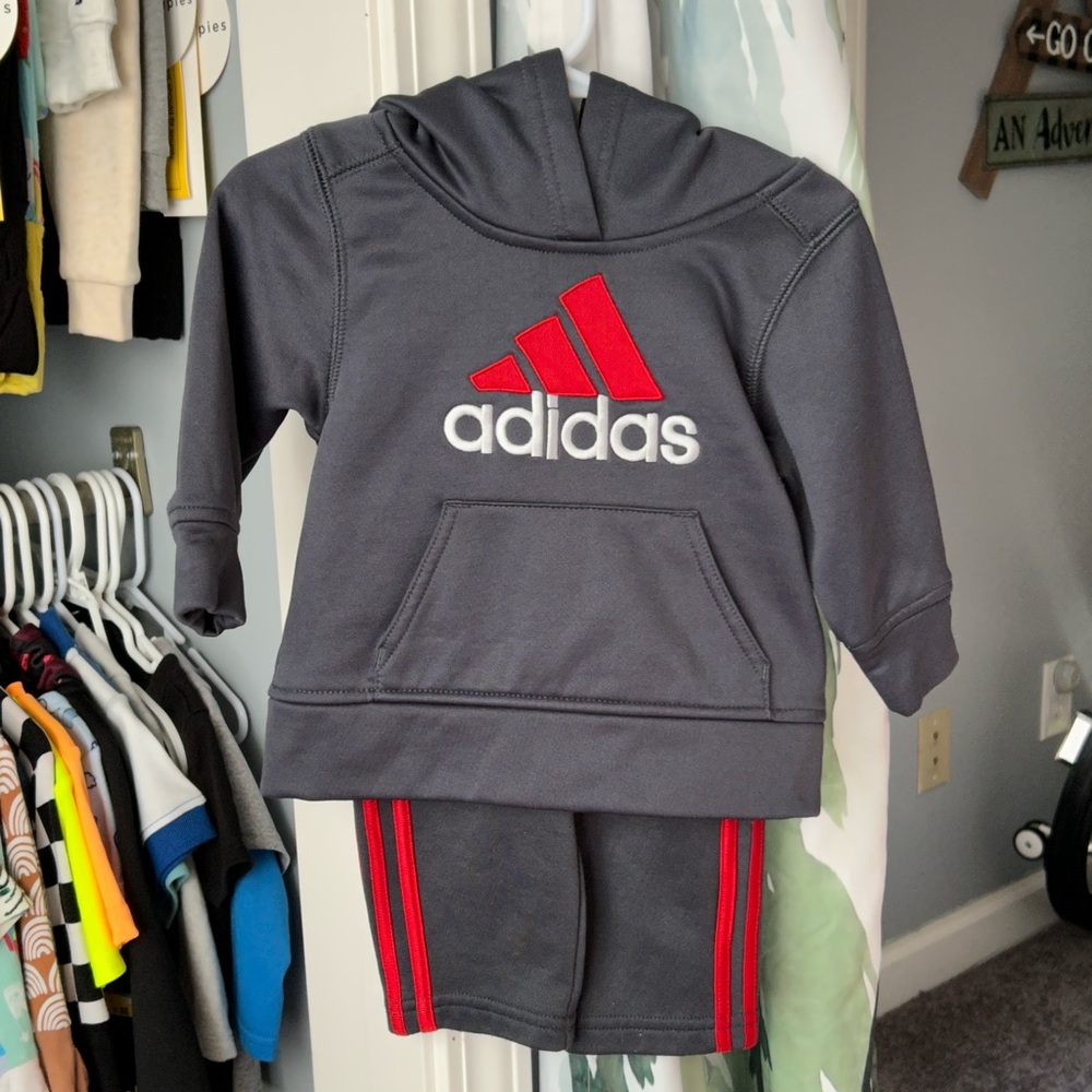 Adidas Baby Charcoal and Red Hoodie Set - 12m